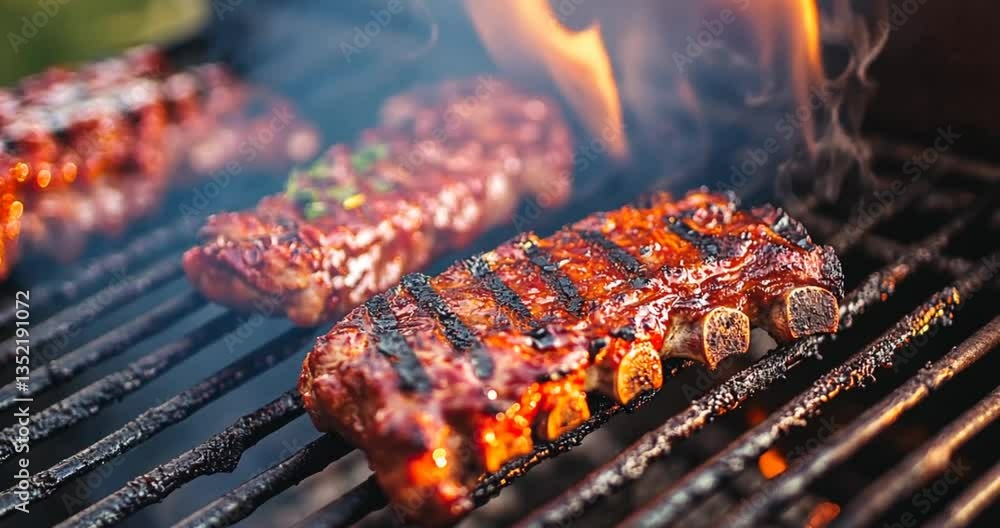 Grilled ribs on a barbecue, flames and smoke. Outdoor cooking