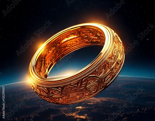 Levitating Golden Ring with Glowing Engravings in Futuristic Void