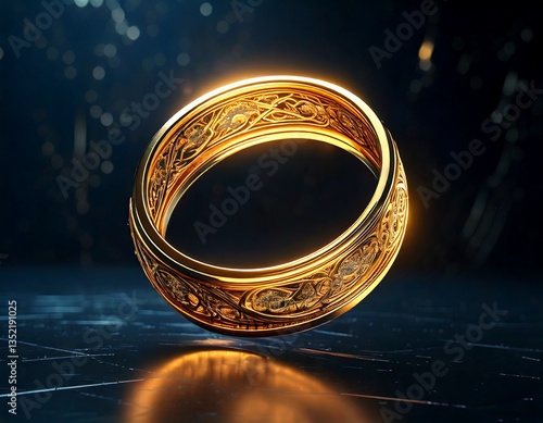 Levitating Golden Ring with Glowing Engravings in Futuristic Void