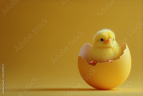 Yellow Chick Hatches From Egg on Bright Yellow Background During Spring Seaso...
