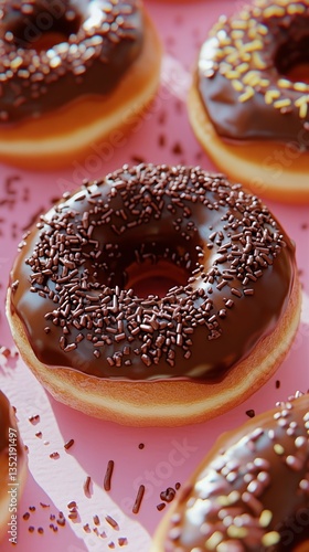 Delicious Chocolate Donuts Topped With Colorful Sprinkles on a Vibrant Pink B...