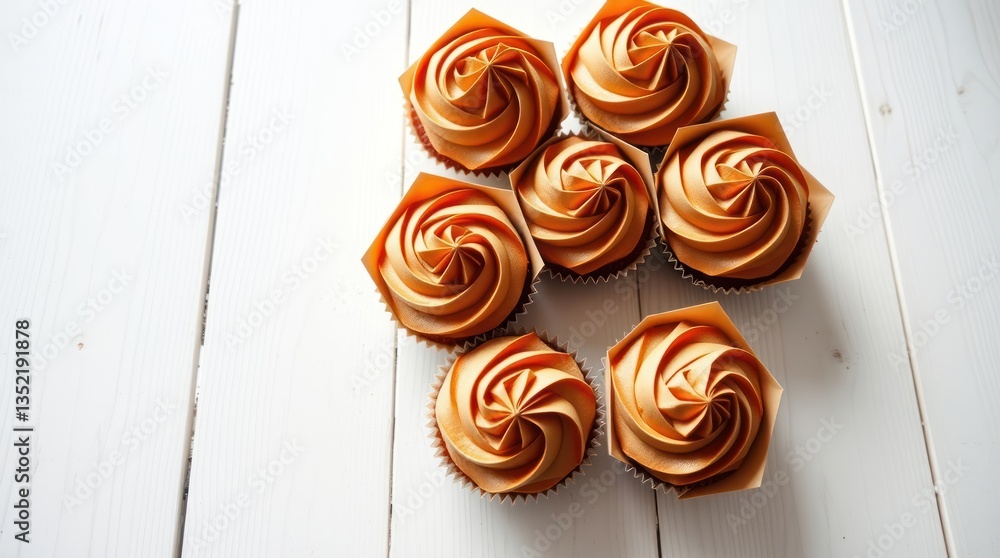 Fototapeta premium Orange cupcakes arranged on white wood. Image for baking blog or recipe