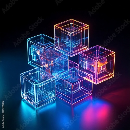 Floating Transparent Glass Cubes with Neon Refractions