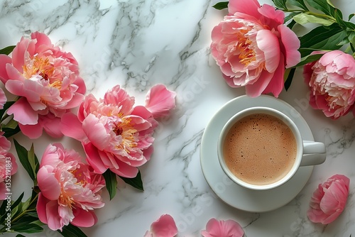 Relaxing Morning With Coffee and Pink Peonies on Marble Table