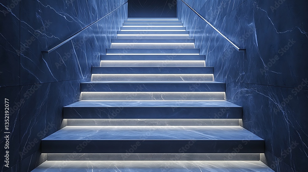 Fototapeta premium Illuminated marble staircase with sleek handrails.