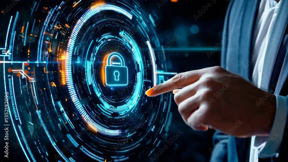 Cybersecurity interface activation. Professional interaction with advanced digital protection system through holographic circular mechanism.