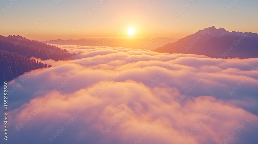 Misty Sunrise Over Foggy Forest in Golden Light and Soft Clouds Misty Sunrise Over Foggy Forest in Golden Light and Soft Clouds
