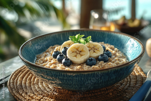 Bowl of oatmeal topped with bananas and blueberries, placed on a wooden table with a spoon beside it. Morning light streams through a window.