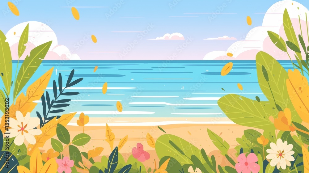 Fototapeta premium Vibrant coastal scene with colorful flowers in the foreground and a serene ocean view