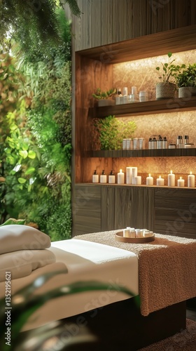 Spa Treatment Room With Natural Greenery and Calming Ambiance in a Wellness C...