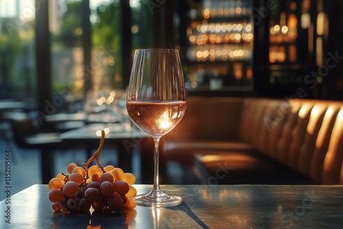 Elegant Glass of Wine Beside Fresh Grapes in a Cozy Wine Bar During Golden Hour
