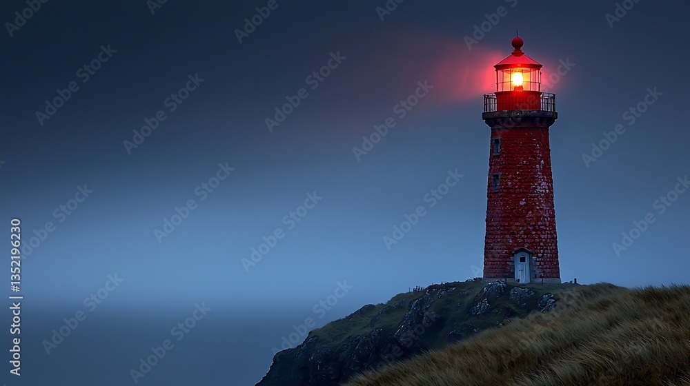 Naklejka premium Red lighthouse glowing at dusk on a cliff.