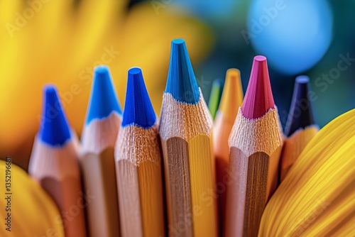 Colorful Pencils Arranged in Vibrant Display Against a Bright Floral Background