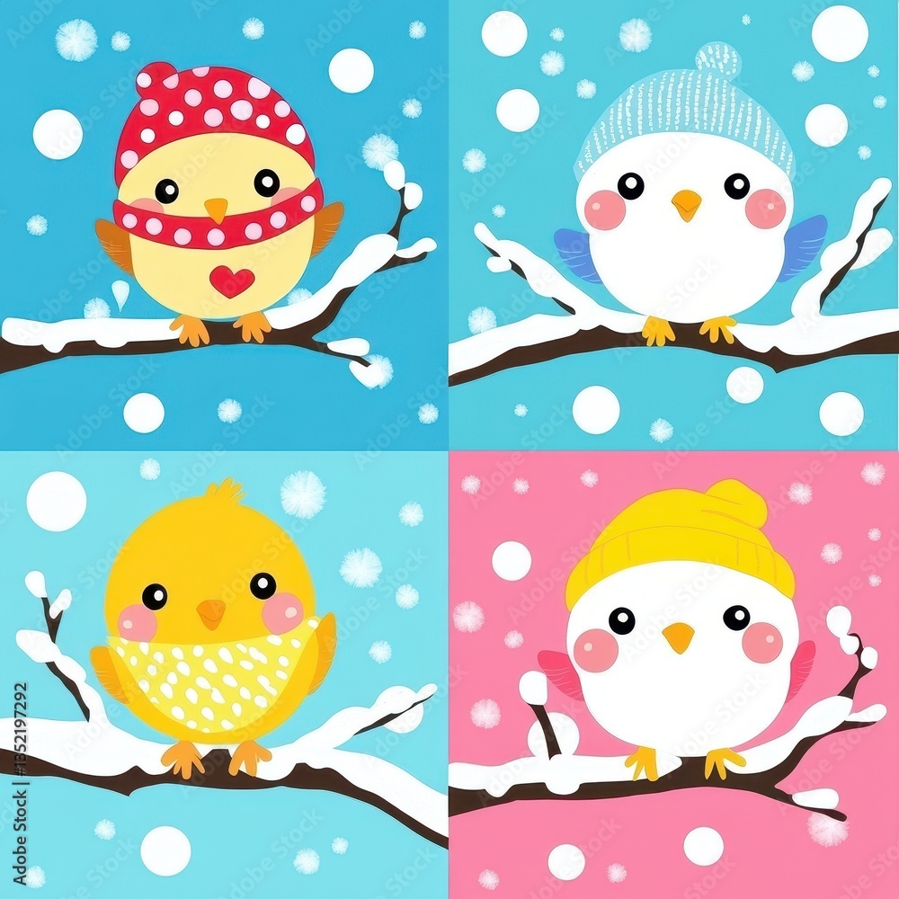 Four cute cartoon birds wearing hats in a snowy scene Four cute cartoon birds wearing hats in a snowy scene
