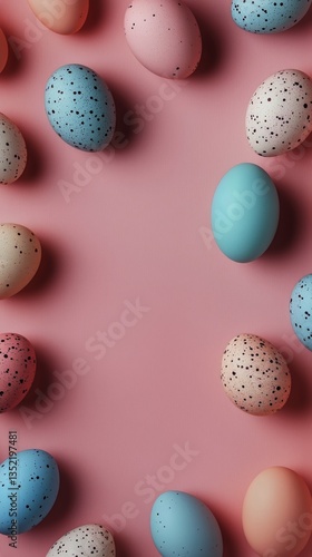 Colorful Easter Eggs and Candy Scattered on Pink Background for Festive Celeb...