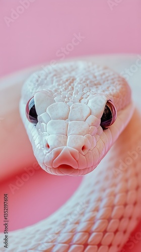 Captivating Close-Up of a White Snake on a Soft Pink Background Showcasing It...