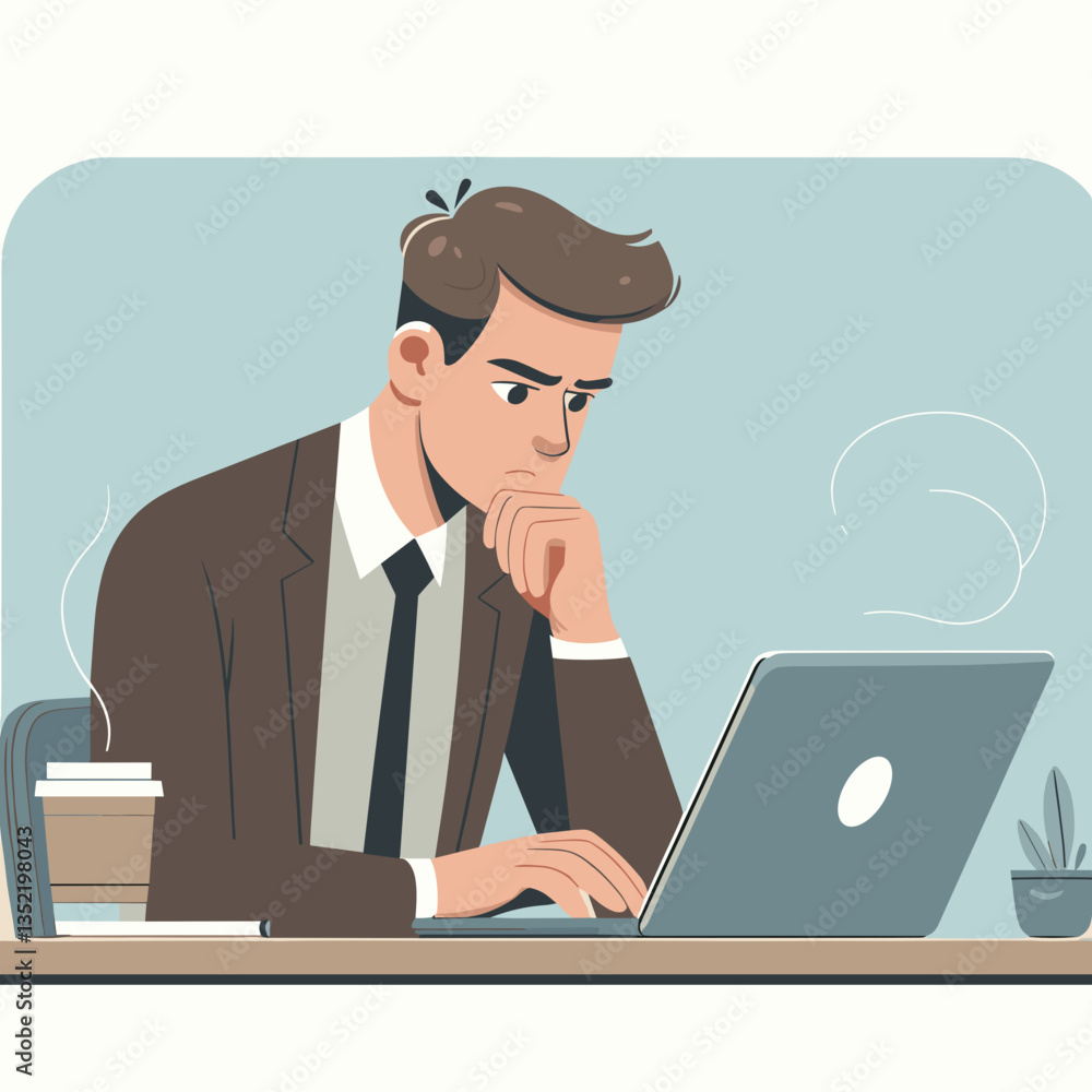 Businessman working on laptop while thinking in modern office environment Businessman working on laptop while thinking in modern office environment