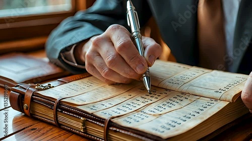 Hand Writing in Vintage Ledger Book in Warm Light at Wooden Desk
