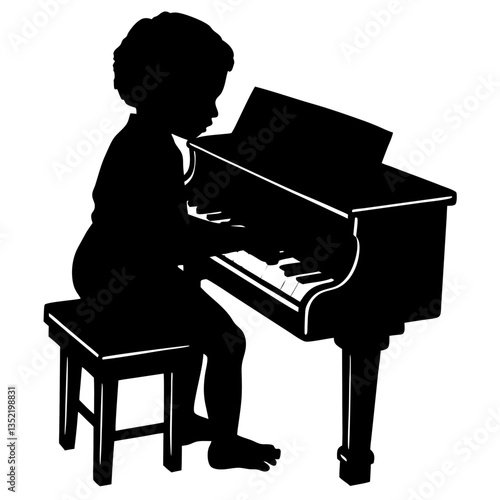 A silhouette of a child attempting to play the piano for the first time, with hands gently placed on the keys, concentrating deeply