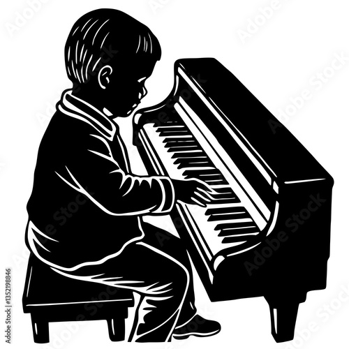 A silhouette of a child attempting to play the piano for the first time, with hands gently placed on the keys, concentrating deeply