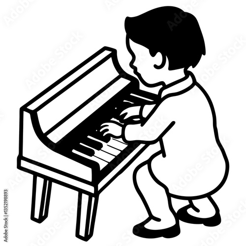 A silhouette of a child attempting to play the piano for the first time, with hands gently placed on the keys, concentrating deeply