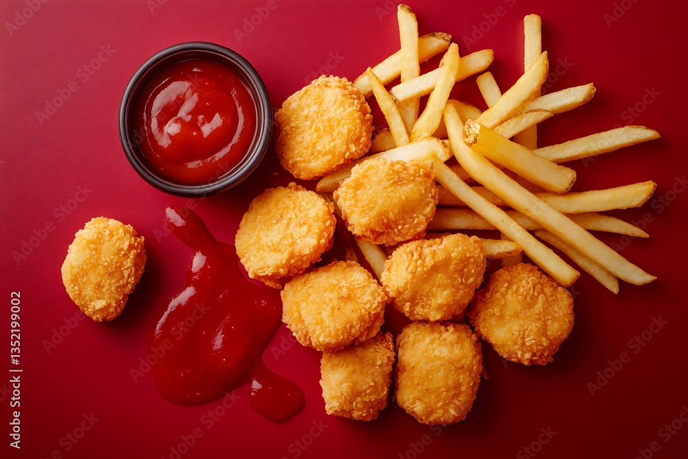 Naklejka premium four crispy chicken nuggets with french fries and ketchup on a vibrant red surface