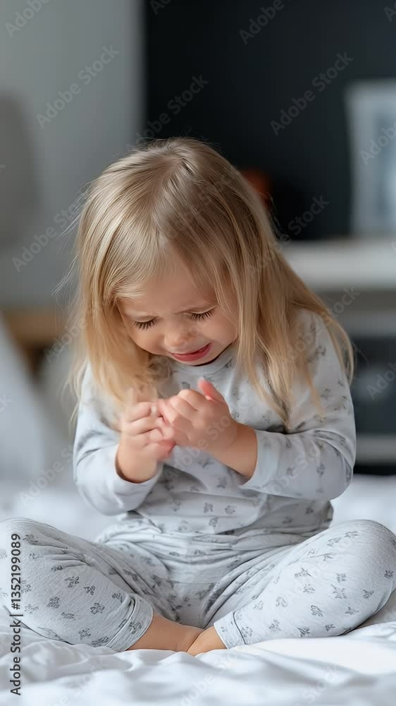 Portrait of a little girl in pajamas, with an angry and tired expression, in her bed, looking upset. Portrait of a little girl in pajamas, with an angry and tired expression, in her bed, looking upset.