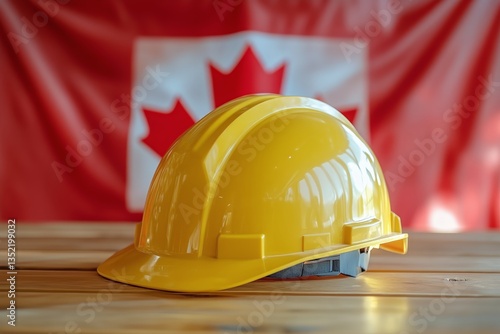 Yellow Hard Hat Positioned on Wooden Surface Against Backdrop of Canadian Flag