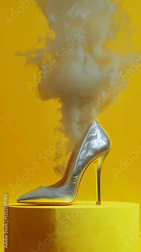 Elegant High Heel With Smoke Effect on Bright Orange Background in Artistic D...