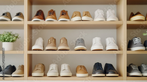 Wallpaper Mural Stylish footwear displayed on wooden shelves, showcasing various colors and designs. arrangement highlights modern aesthetics and organization in retail setting Torontodigital.ca