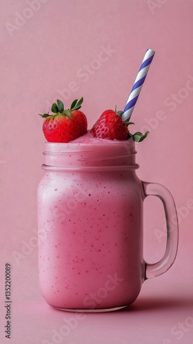 Refreshing Pink Smoothie in a Glass Jar With Striped Straw Against a Pastel B...