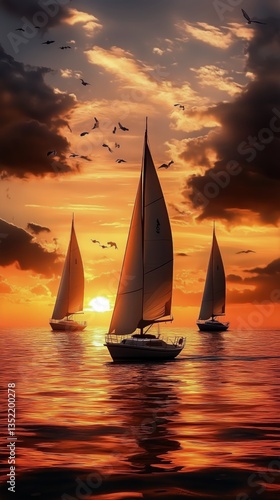 Sailboats Glide Across Calm Waters at Sunset Under a Vibrant Sky Adorned With...