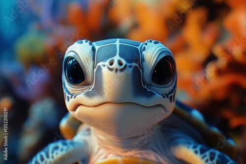 Baby Turtle Swimming Gracefully Among Vibrant Coral Reef at a Tropical Location