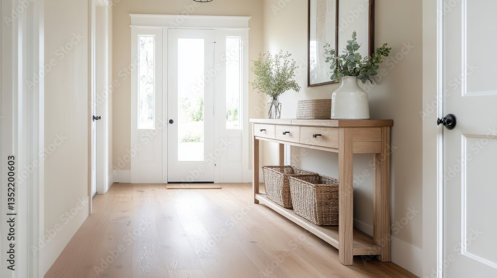 bright and inviting hallway featuring wooden console table, decorative vases, and natural light streaming through large doors. warm tones create welcoming atmosphere bright and inviting hallway featuring wooden console table, decorative vases, and natural light streaming through large doors. warm tones create welcoming atmosphere