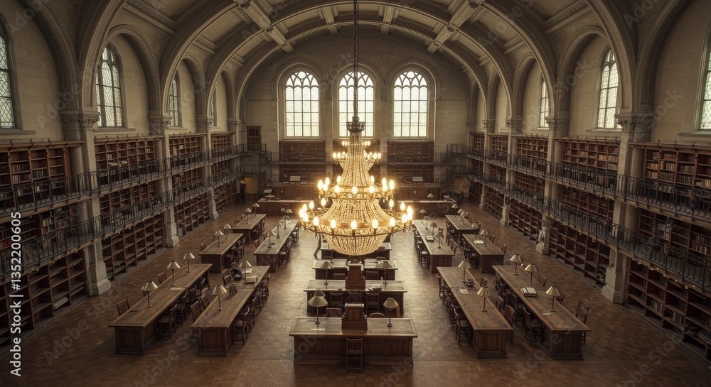 Obraz premium Grand Library Interior View with Bookshelves Tables and Ornate Chandelier