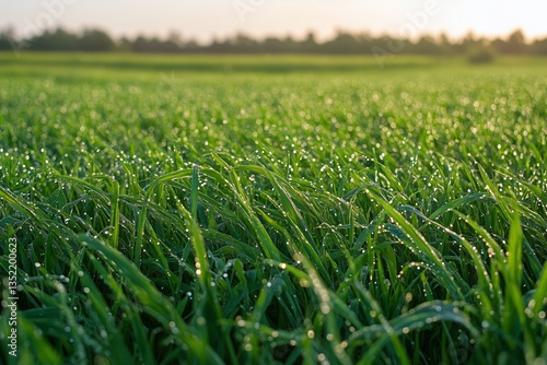 Morning Dew Glistens on Lush Green Grass in a Serene Rural Landscape