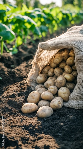 Harvested Potatoes Spill From a Burlap Sack Onto Rich Soil in a Lush Garden S...
