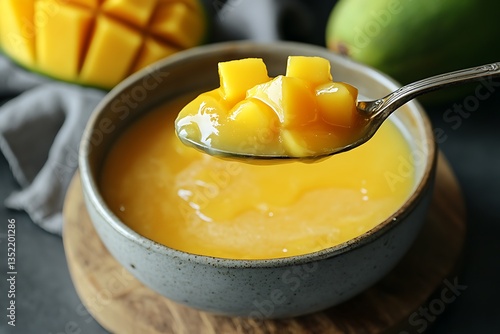 spoonful of chunky homemade mango compote over a bowl filled with the sweet fruit preserve