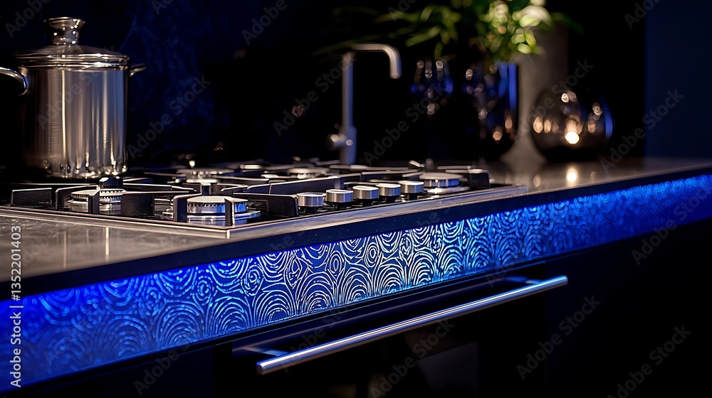 Modern kitchen countertop with blue LED lighting and patterned detail. Modern kitchen countertop with blue LED lighting and patterned detail.