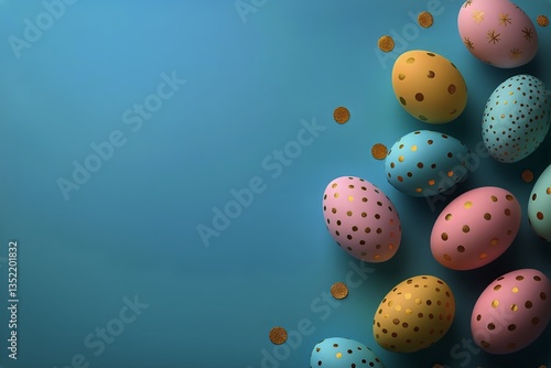 Colorful Decorative Eggs on a Vibrant Blue Background With Golden Speckles fo...