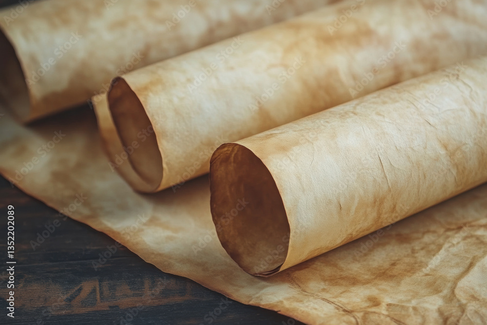 Rolled parchment scrolls rest on a wooden table, surrounded by quill pens and ink bottles, casting soft shadows in the warm candlelight. Rolled parchment scrolls rest on a wooden table, surrounded by quill pens and ink bottles, casting soft shadows in the warm candlelight.