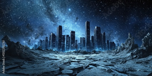 Futuristic City Skyline With Stellar Galaxy Above Rocky Terrain