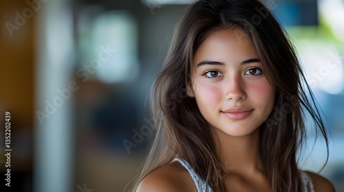 Wallpaper Mural College female student with long brown hair reviewing notes while seated at her desk in a well-lit study space Torontodigital.ca