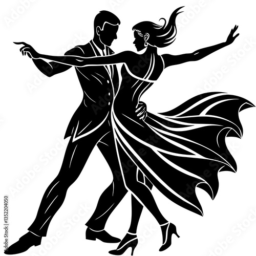 A silhouette of a couple performing a salsa dance, captured mid-movement with dynamic, fluid moves