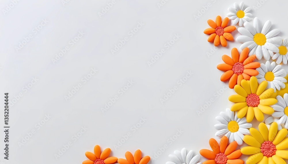 Obraz premium Floral elements in vivid yellow, white, and orange are arranged beautifully against a light, neutral backdrop, inviting a sense of calm and cheerfulness to any space Generative AI