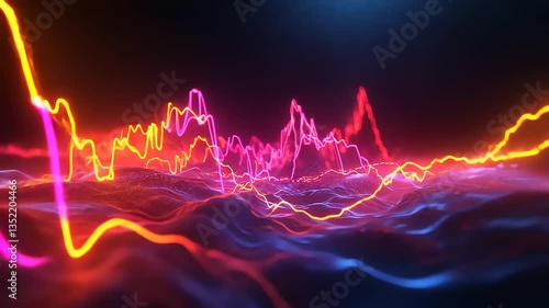 Vibrant abstract visualization of sound waves undulating over a dark, fluid background