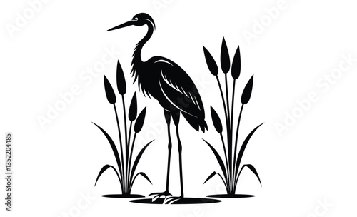 Stork bird silhouette with cattails, vector illustration
