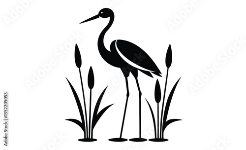 Stork bird silhouette with cattails, vector illustration