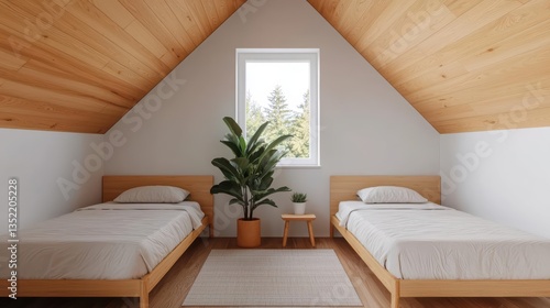 Twin attic kids bedroom with matching wooden beds, soft linens, and a large window letting in natural light