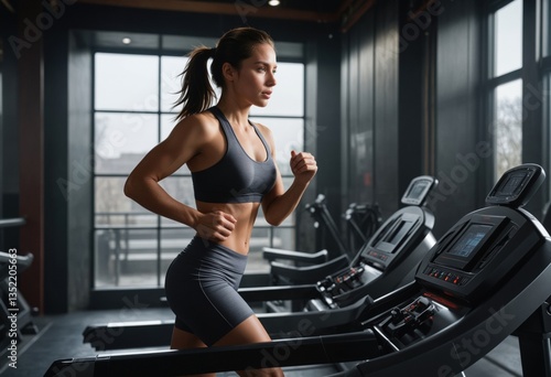 A fit woman runs on a treadmill in a modern gym